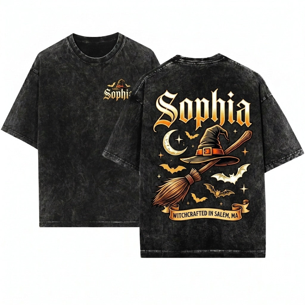 Personalized Gothic Embroidered Witch Hat Halloween Spooky Broom Name Gift Unisex Wash T-Shirt