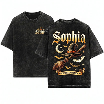 Personalized Gothic Embroidered Witch Hat Halloween Spooky Broom Name Gift Unisex Wash T-Shirt
