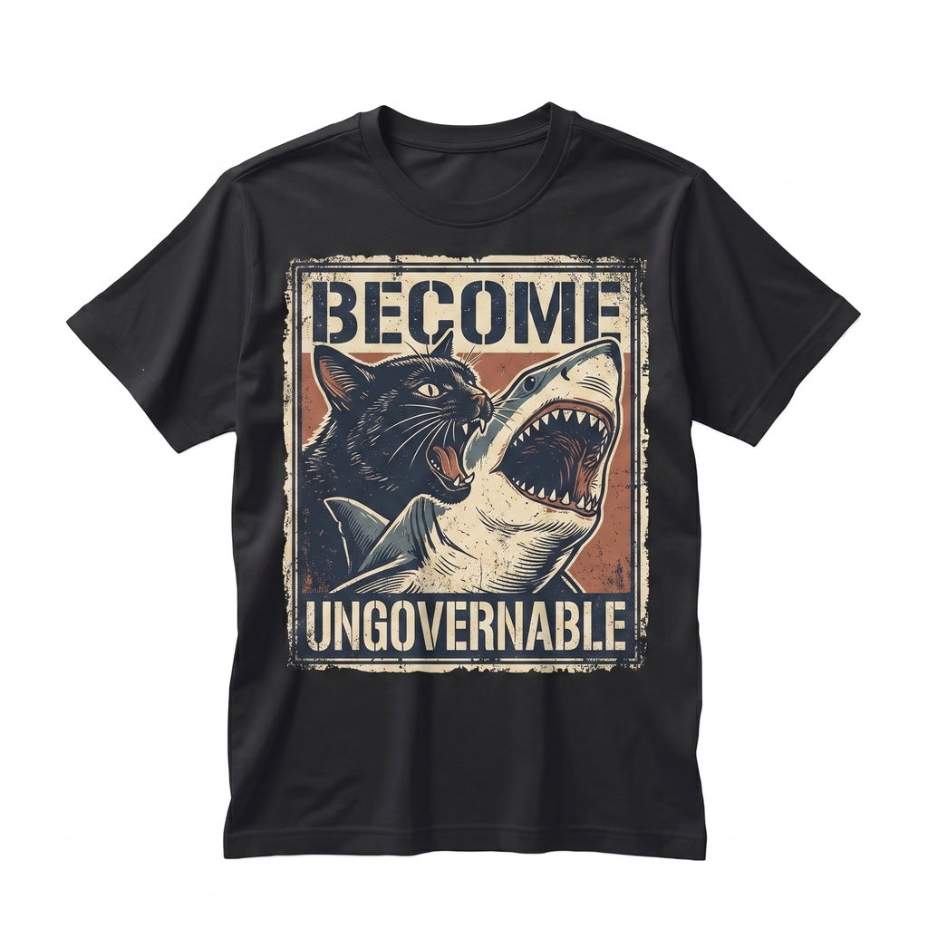Become Ungovernable Funny Black Cat Shark Chaotic Animal Meme Gothic Punk Apparel Unisex TShirt