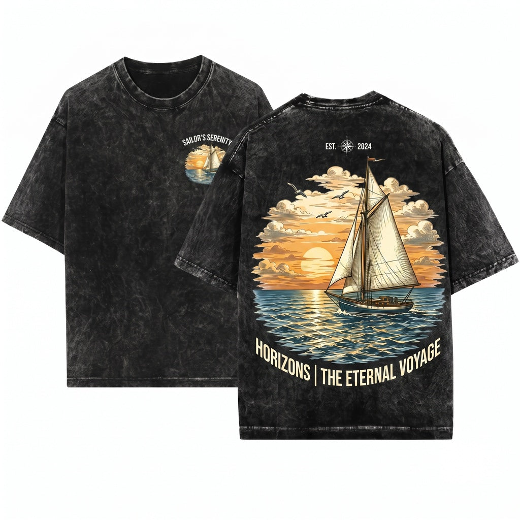 Classic Sailboat Ocean Sunset Graphic Coastal Nautical Seaside Nature Sailor Gift Unisex Wash T-Shirt