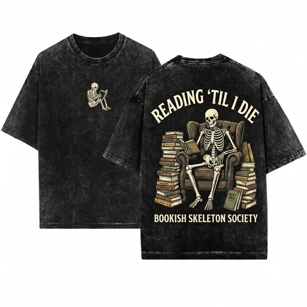 Cozy Bookish Skeleton Reading Crewneck Sweatshirt Reader Gift Unisex Wash T-Shirt