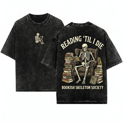 Cozy Bookish Skeleton Reading Crewneck Sweatshirt Reader Gift Unisex Wash T-Shirt