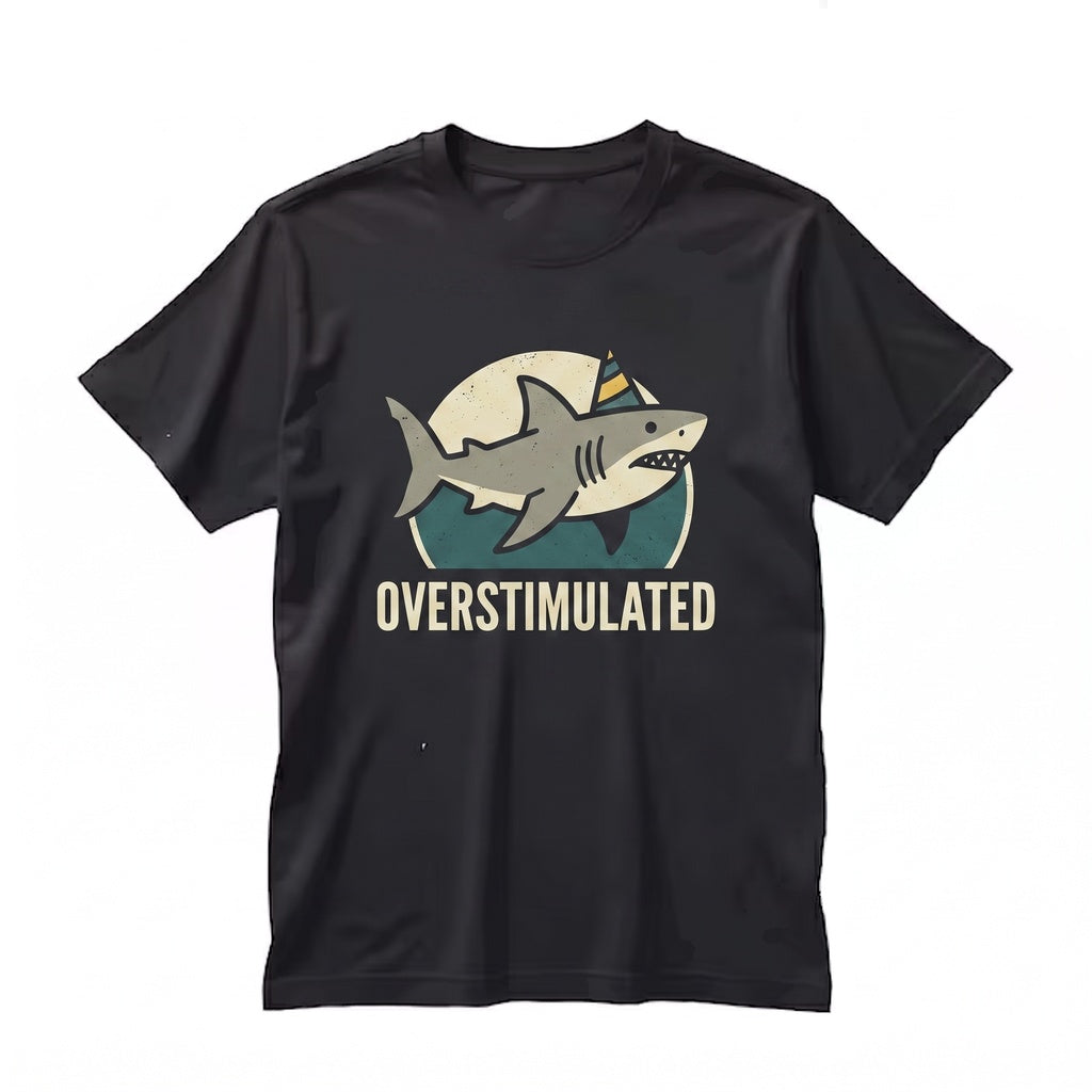 Embroidered Overstimulated Party Hat Shark Funny Weirdcore Neurodivergent Ocean Summer Vibes Unisex TShirt