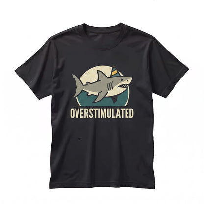 Embroidered Overstimulated Party Hat Shark Funny Weirdcore Neurodivergent Ocean Summer Vibes Unisex TShirt