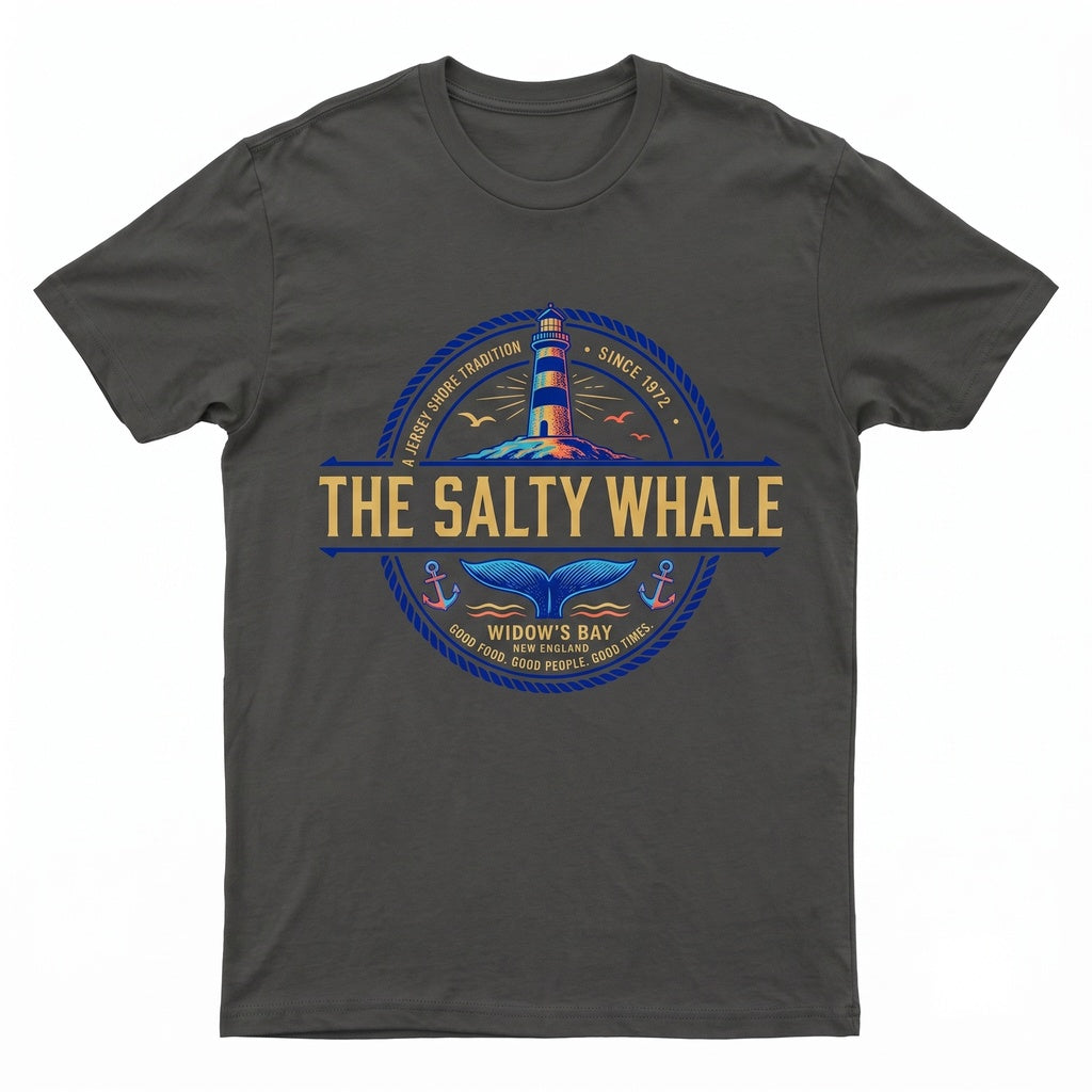 The Salty Whale Widows Bay Vintage Seafood Restaurant Coastal Bar Pub Graphic Retro Horror Town Unisex TShirt