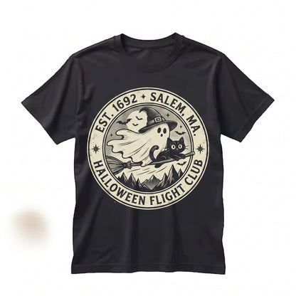 Spooky Halloween Ghost Witch Black Cat Broomstick Night Sky Autumn Seasonal Gift Graphic Unisex TShirt