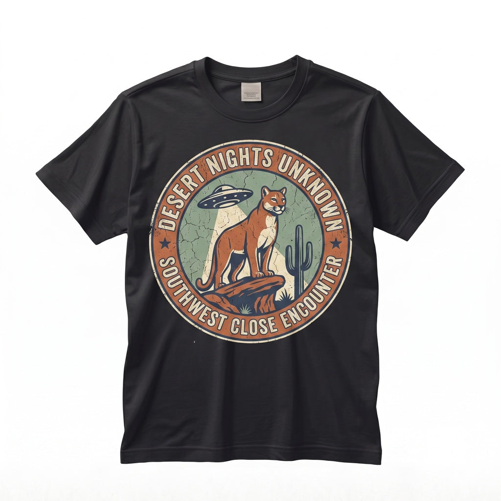 UFO Mountain Lion Alien Abduction Cougar Retro Southwest Desert Cactus Sci Fi Big