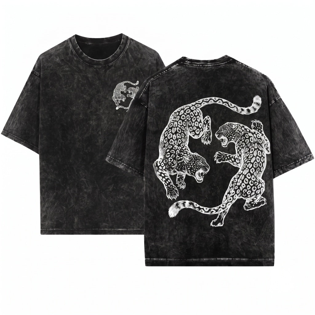 Vintage Leopard Fighting Graphic Engraved Wild Cat Retro Jungle Animal Gift Unisex Wash T-Shirt