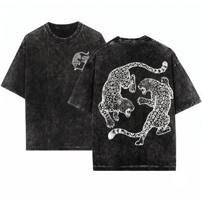 Vintage Leopard Fighting Graphic Engraved Wild Cat Retro Jungle Animal Gift Unisex Wash T-Shirt