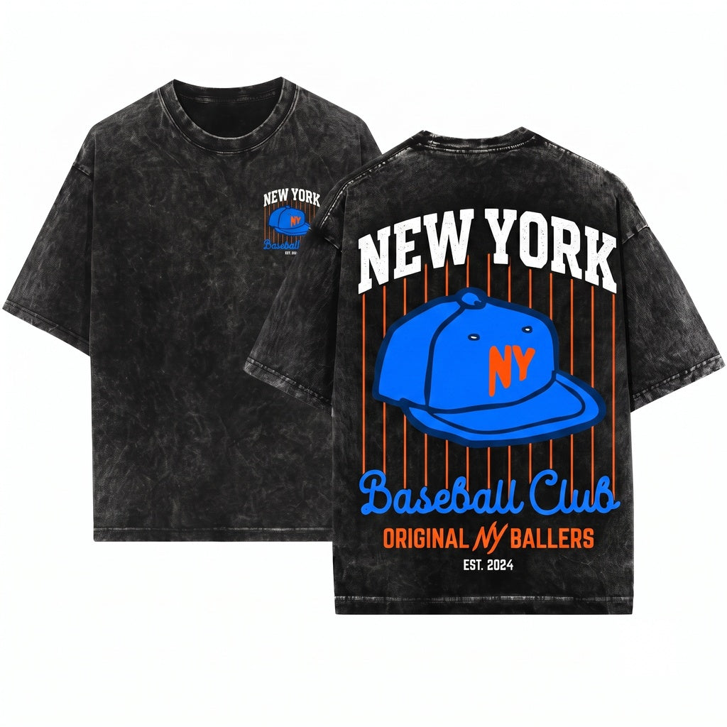New York Baseball Hat Pinstripe Graphic Gameday Apparel Unisex Wash T-Shirt