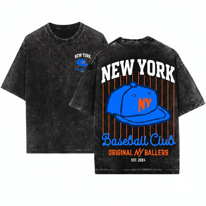 New York Baseball Hat Pinstripe Graphic Gameday Apparel Unisex Wash T-Shirt