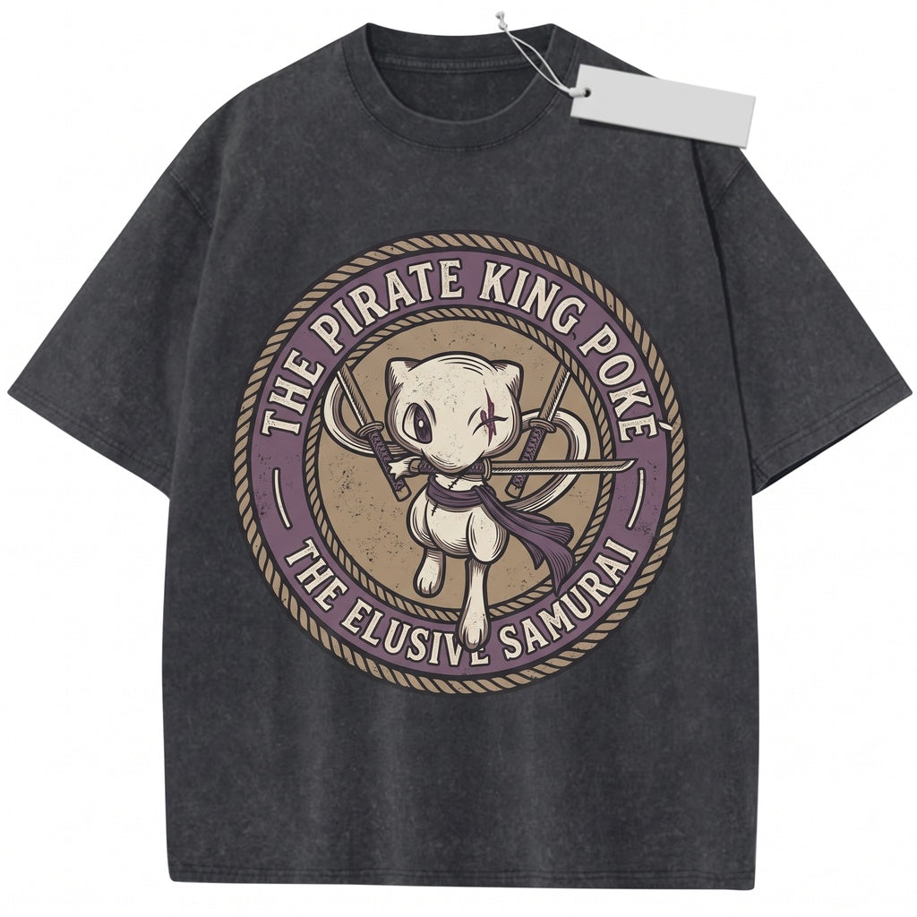 Vintage Pirate Swordsman Cat Washed Graphic Retro Japanese Manga Crossover Apparel Unisex TShirt