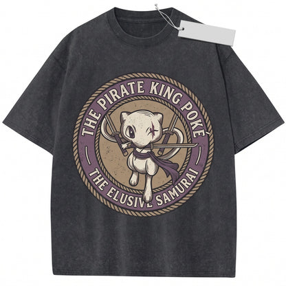Vintage Pirate Swordsman Cat Washed Graphic Retro Japanese Manga Crossover Apparel Unisex TShirt