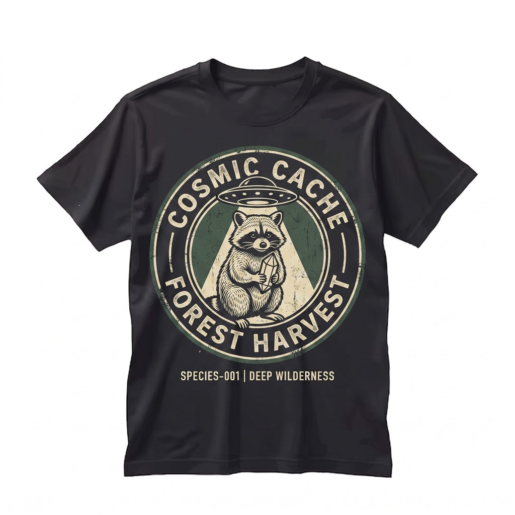 UFO Raccoon Vintage Alien Abduction Retro Forest Mushroom Graphic Crystal Wildlife Gift For Men Women Fans Unisex TShirt