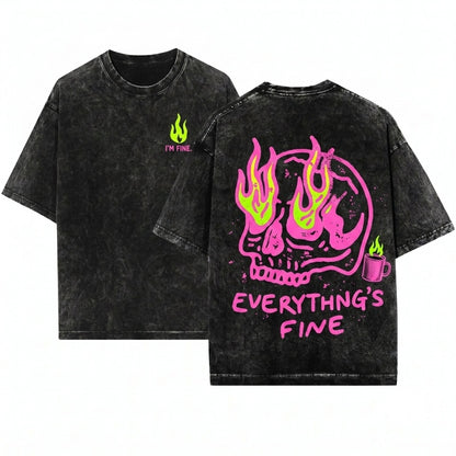 Everything Is Fine Retro Grunge Sarcastic Funny Skeleton Festival Rebel Neon Unisex Wash T-Shirt