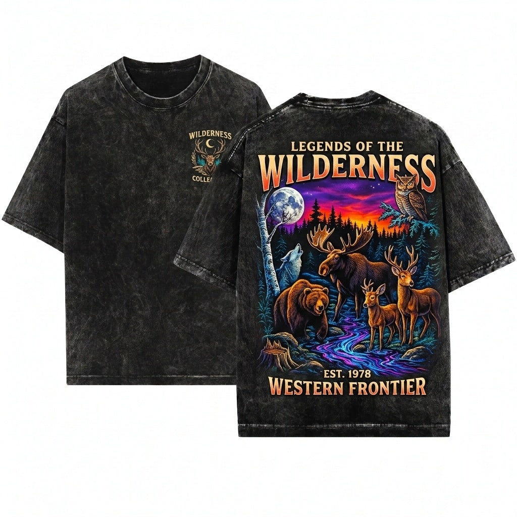 Vintage Wildlife Graphic Moose Bear Wolf Deer Forest Adventure Rustic Outdoor Nature Gift Pepper Unisex Wash T-Shirt