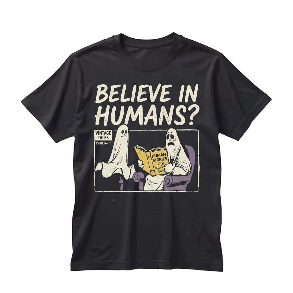 Funny Retro Do You Believe In Humans Graphic Bookish Ghost Reading Novel Spooky Halloween Costume Apparel Unisex TShirt