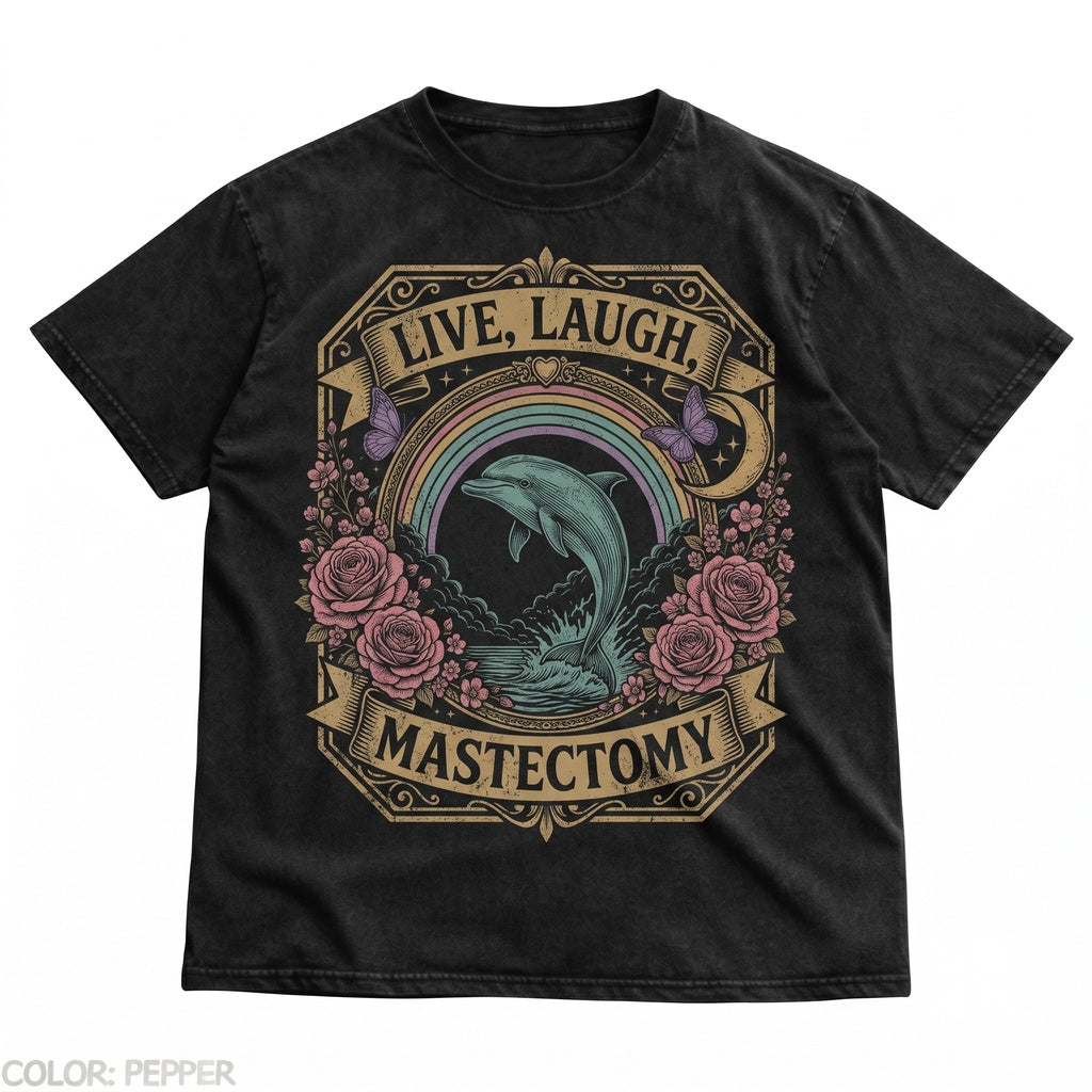 Live Laugh Mastectomy Funny Medical Humor Surreal Dolphin Art Breast Cancer Awareness Gift Cosmic Surgery Unisex TShirt