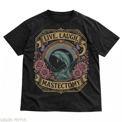 Live Laugh Mastectomy Funny Medical Humor Surreal Dolphin Art Breast Cancer Awareness Gift Cosmic Surgery Unisex TShirt