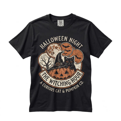 Witch Hat Black Cat Halloween Pumpkin Moon Night Vintage Autumn Aesthetic Cozy Fall Spooky Graphic Unisex TShirt