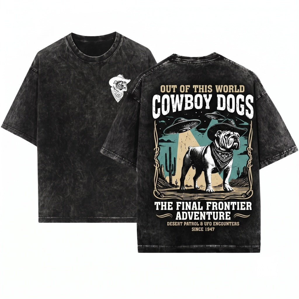 Vintage English Bulldog UFO Alien Space Western Cowboy Mom Dad Gift Unisex Wash T-Shirt
