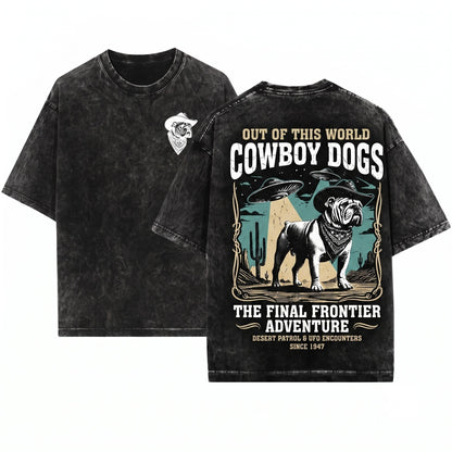 Vintage English Bulldog UFO Alien Space Western Cowboy Mom Dad Gift Unisex Wash T-Shirt