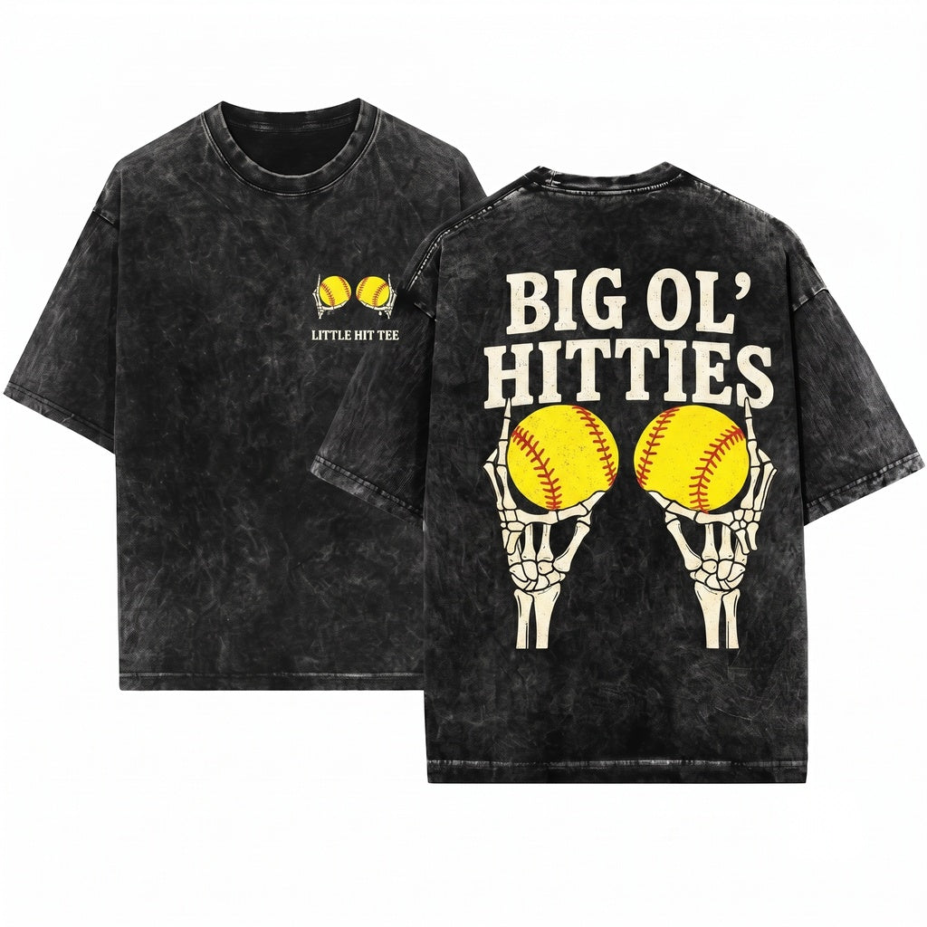 Big Ol’ Hitties Softball Skeleton Baseball Mama Gift Unisex Wash T-Shirt