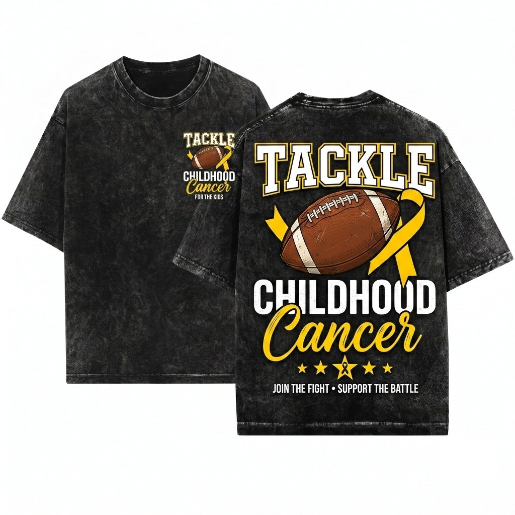 Tackle Childhood Cancer Football Gold Ribbon Awareness Unisex Wash T-Shirt