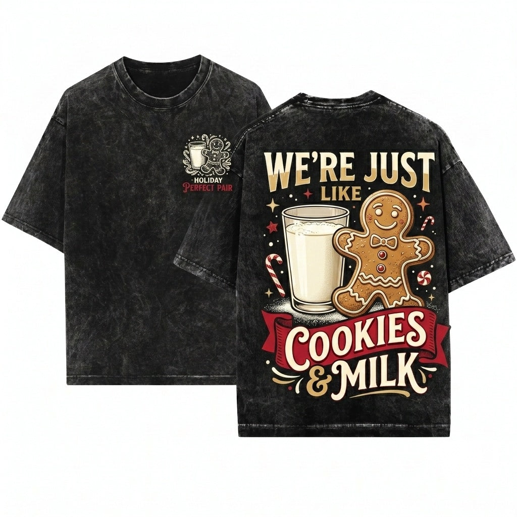 Cute Gingerbread Couple Cookies and Milk Matching Christmas Pajama Holiday Unisex Wash T-Shirt