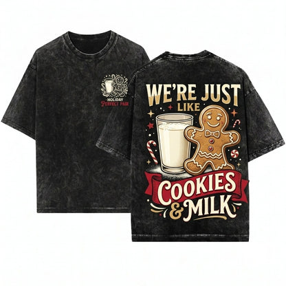 Cute Gingerbread Couple Cookies and Milk Matching Christmas Pajama Holiday Unisex Wash T-Shirt
