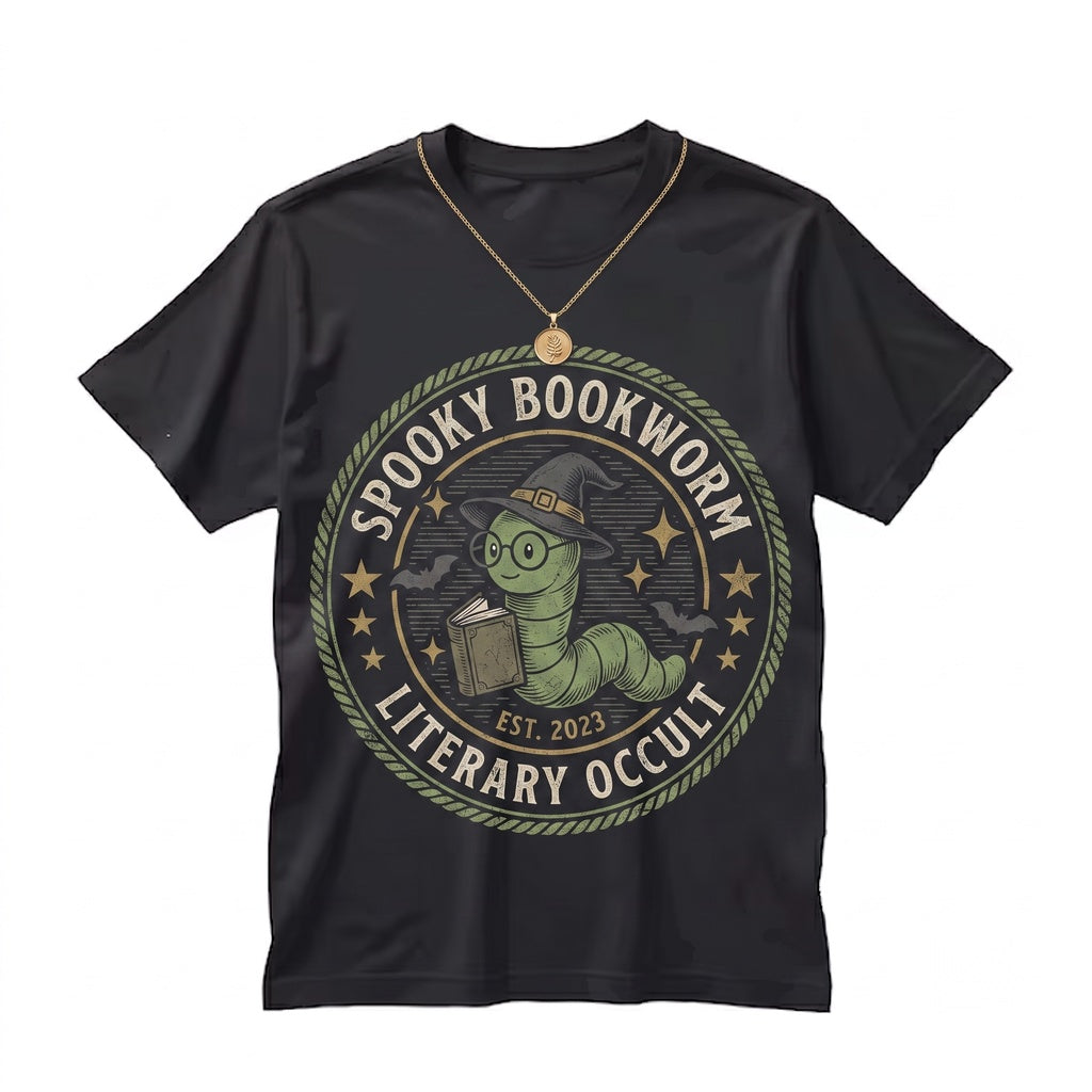 Spooky Halloween Bookworm Embroidered Literary Reader Novel Top Unisex TShirt