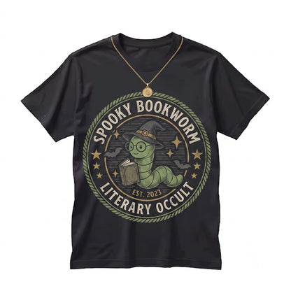 Spooky Halloween Bookworm Embroidered Literary Reader Novel Top Unisex TShirt