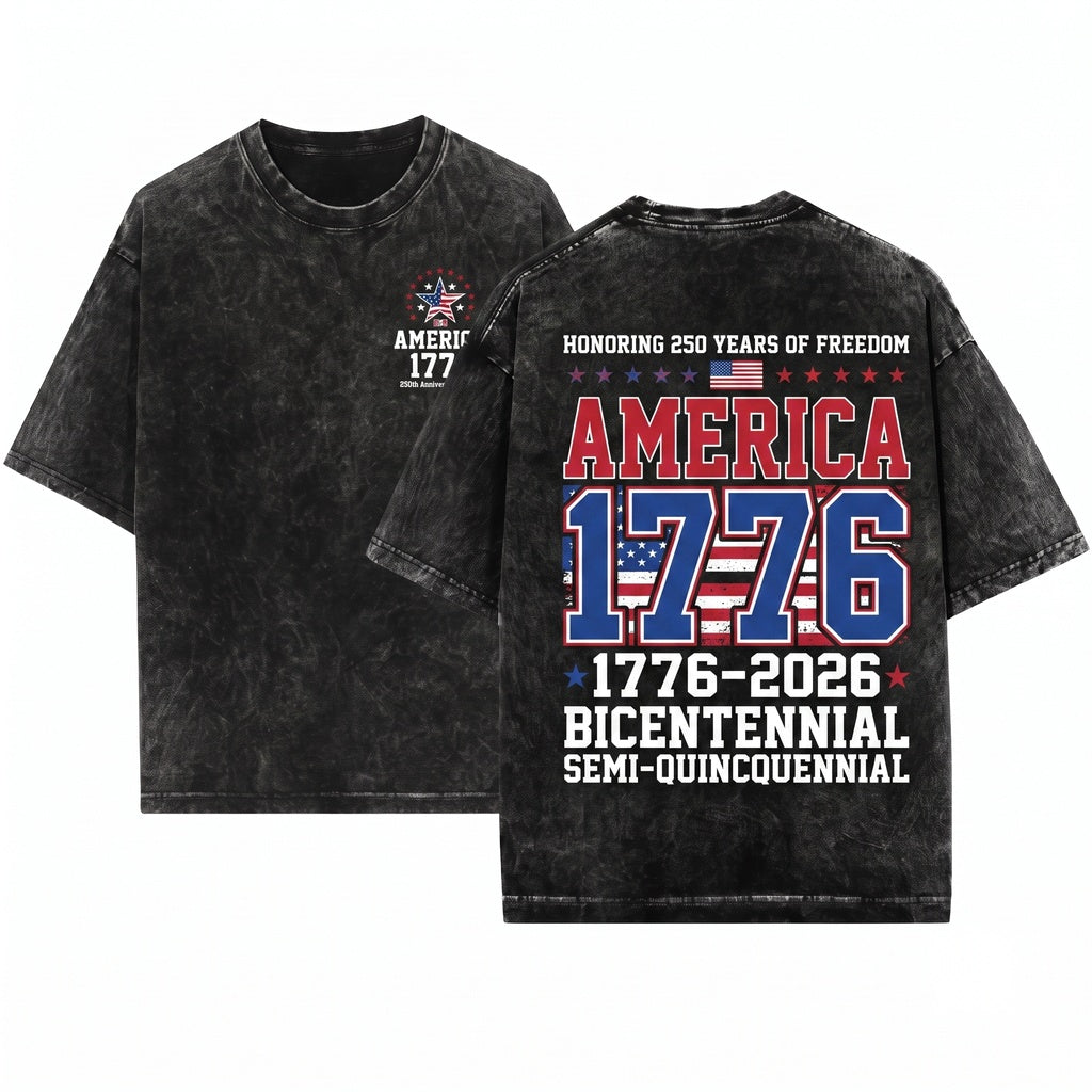 America 1776 USA 250th Year Freedom Patriotic Front Back Graphic Unisex Wash T-Shirt