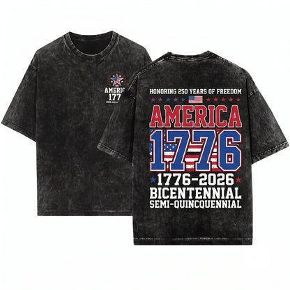America 1776 USA 250th Year Freedom Patriotic Front Back Graphic Unisex Wash T-Shirt