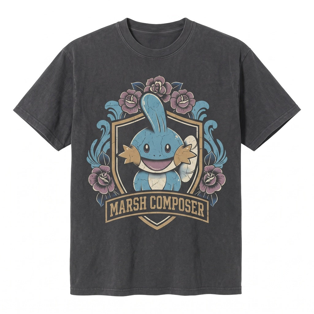 Mudkip Vintage Acid Wash Cute Kawaii Retro Oversized Graphic Anime Water Starter Fans Gift Unisex TShirt
