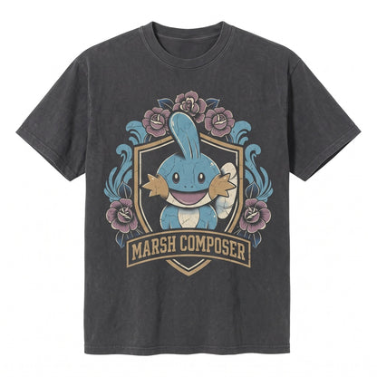Mudkip Vintage Acid Wash Cute Kawaii Retro Oversized Graphic Anime Water Starter Fans Gift Unisex TShirt