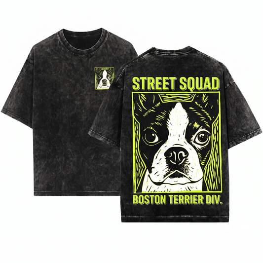 Retro Boston Terrier Ink Engraving Shirt Funny Vintage Dog Face Mom Dad Gift Unisex Heavyweight Garment-Dyed T-Shirt