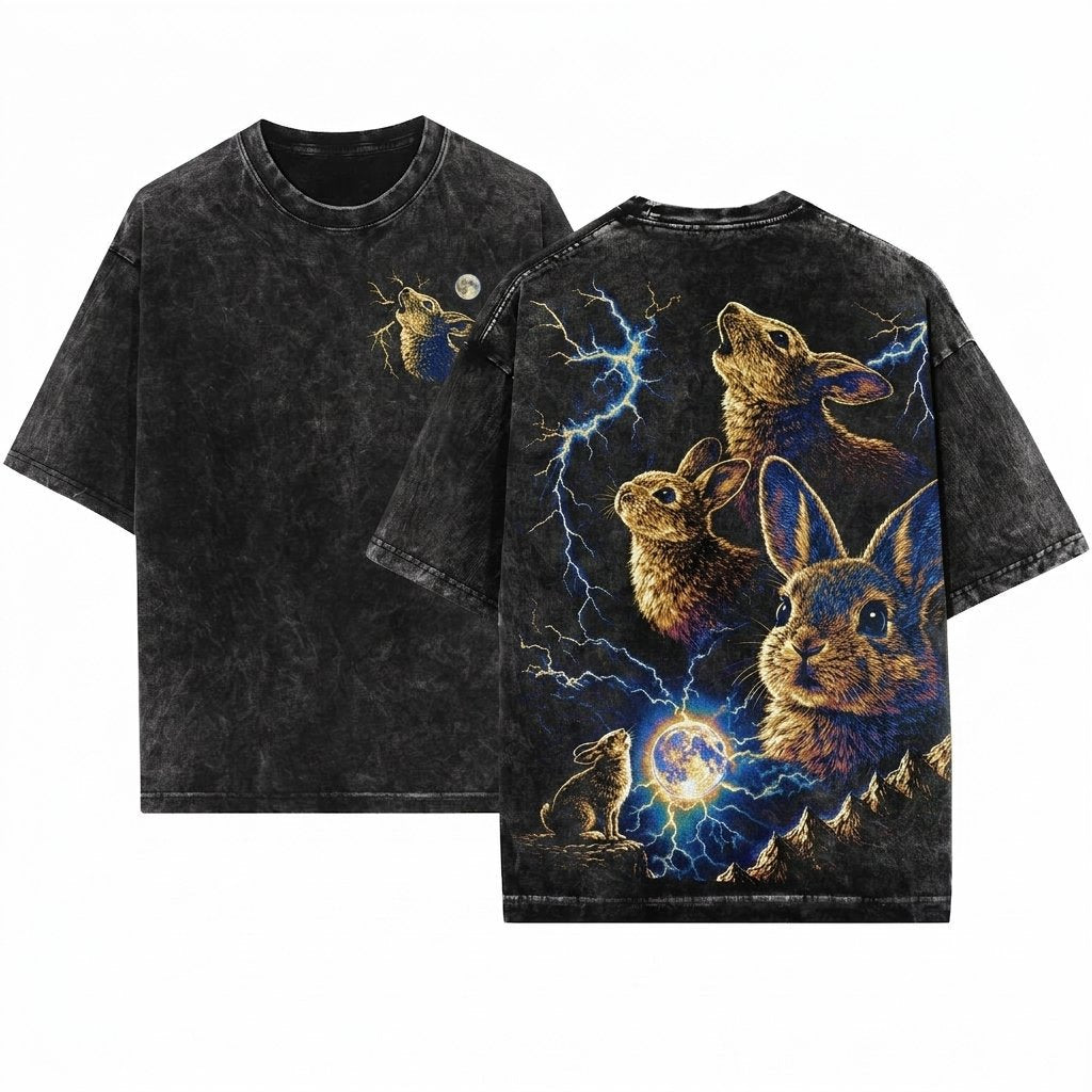 Dark Gothic Bunny Howling Moon Silly Rabbit Easter Vintage 90s Animal Apparel Unisex Wash T-Shirt