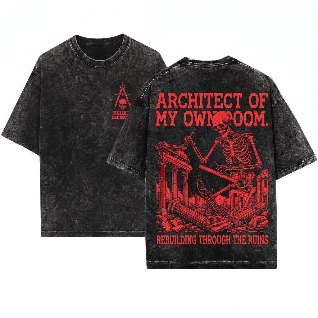 I Am the Architect of My Own Downfall Funny Skeleton Graphic Vintage Unisex Wash T-Shirt