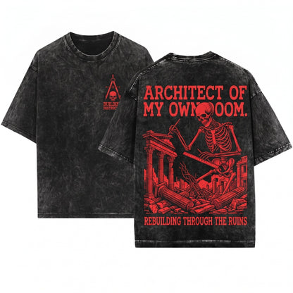 I Am the Architect of My Own Downfall Funny Skeleton Graphic Vintage Unisex Wash T-Shirt