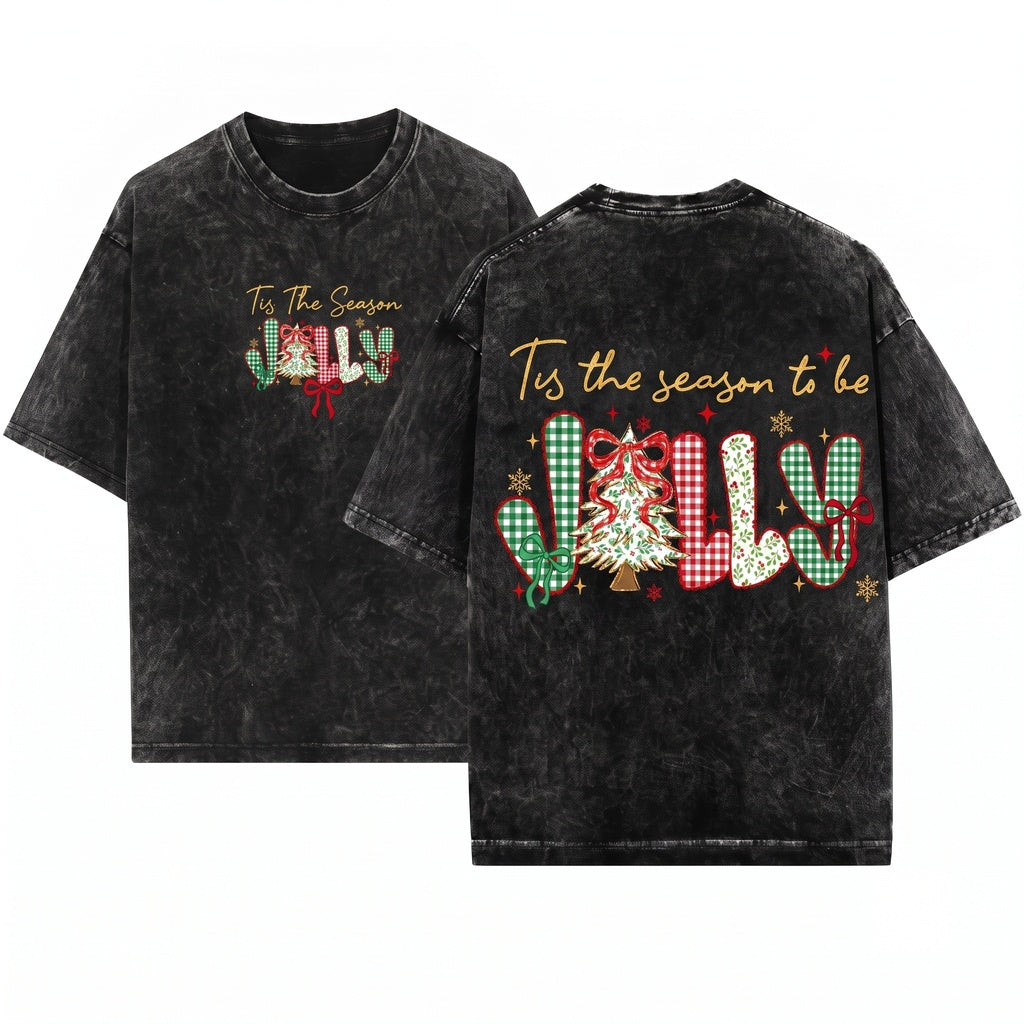 Retro Lace Floral Christmas Tree Tis The Season To Be Holly Jolly Funny Unisex Wash T-Shirt