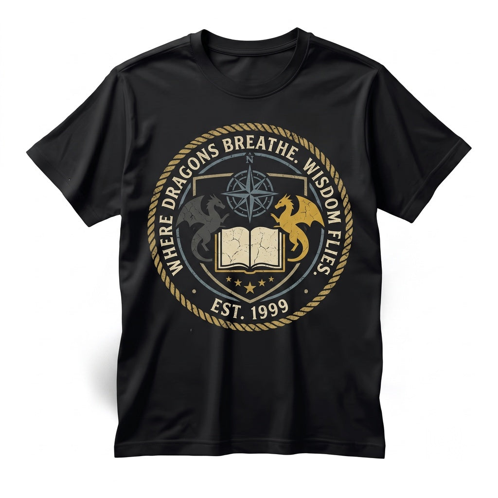 Embroidered Pages and Dragons Bookish Fantasy Cotton Crewneck Unisex TShirt
