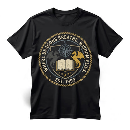 Embroidered Pages and Dragons Bookish Fantasy Cotton Crewneck Unisex TShirt