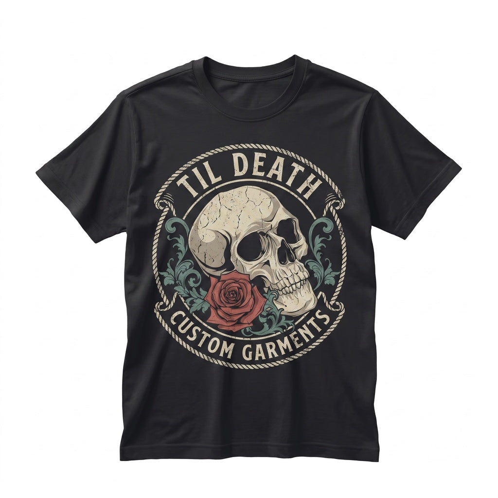 Personalized Til Death Date Gothic Skull Roses Floral Skeleton Lover Wedding Gift Unisex TShirt