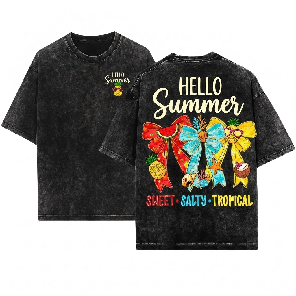 Hello Summer Coquette Bow Tropical Fruit Seashell Beach Vacation Sweet Salty Unisex Wash T-Shirt