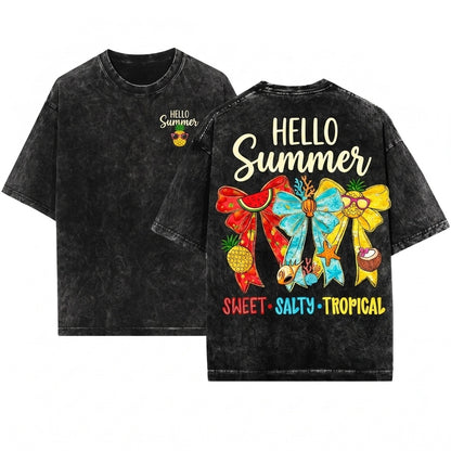 Hello Summer Coquette Bow Tropical Fruit Seashell Beach Vacation Sweet Salty Unisex Wash T-Shirt
