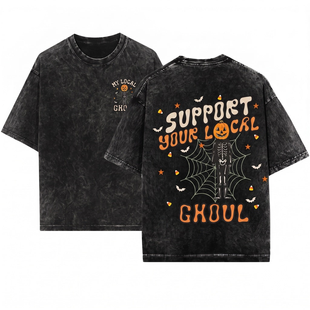 Support Your Local Ghoul Vintage Halloween Ghost Spooky Season Unisex Wash T-Shirt