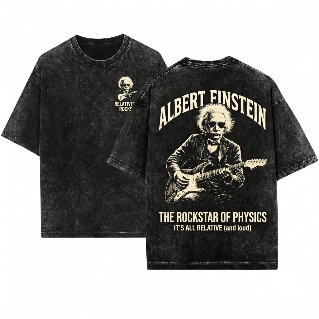 Albert Einstein Playing Guitar Vintage Funny Nerd Music Rock Scientist Aesthetic Gift Unisex Wash T-Shirt