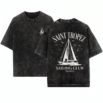 Saint Tropez Sailing Club Coastal France Nautical Graphic Unisex Wash T-Shirt