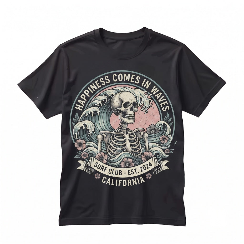 Happiness Comes In Waves Sarcastic Sayings Sassy Snarky Skeleton Ocean Beach Water Bottle Decal Unisex TShirt